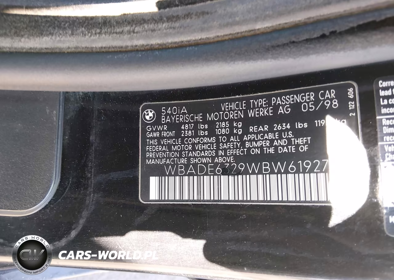 1998 BMW 540Ia VIN:WBADE6329WBW61927 - 9