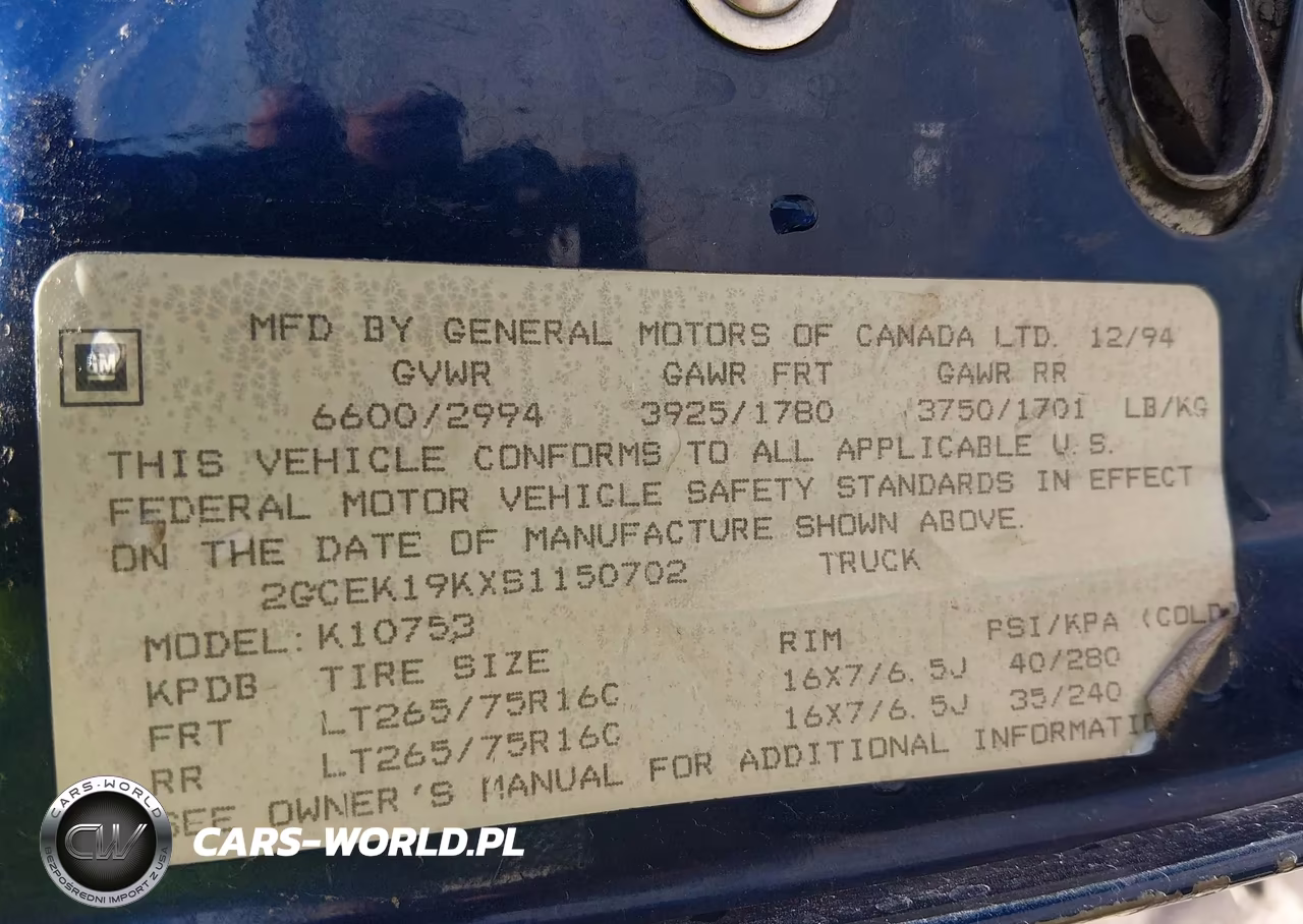 1995 Chevrolet Gmt-400 K1500 VIN:2GCEK19KXS1150702 - 9