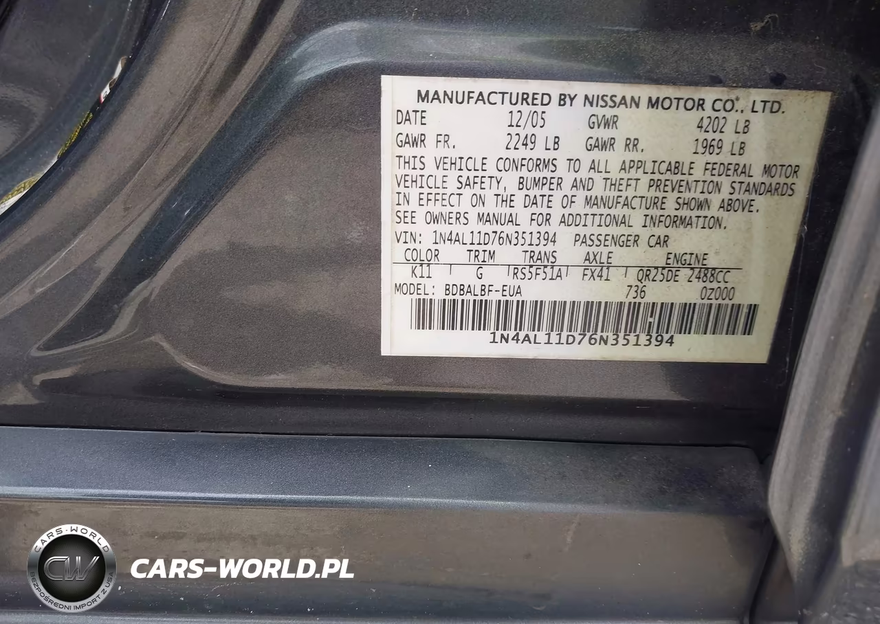 2006 Nissan Altima 2.5 S VIN:1N4AL11D76N351394 - 9