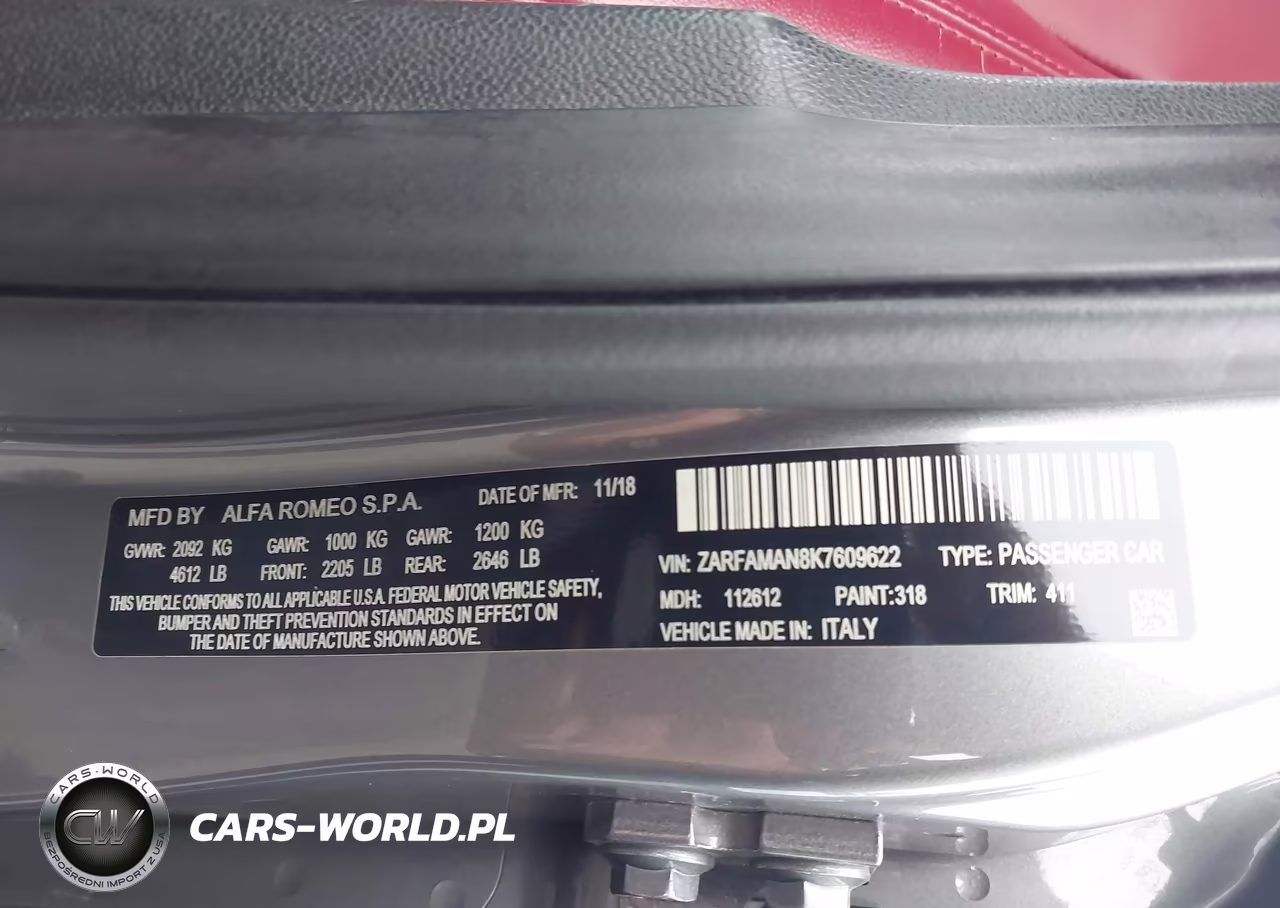 2019 Alfa Romeo Giulia Rwd VIN:ZARFAMAN8K7609622 - 9