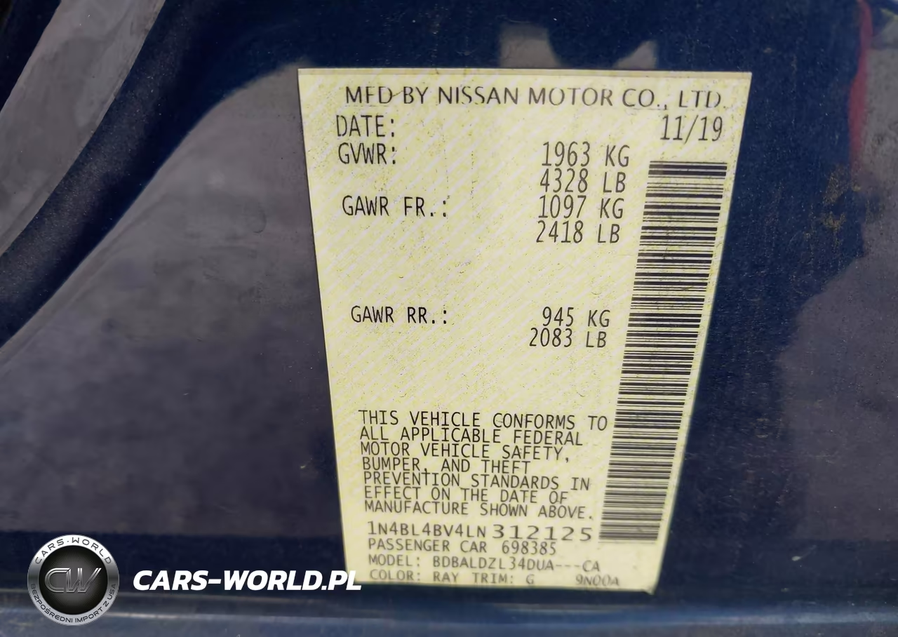 2020 Nissan Altima S Fwd VIN:1N4BL4BV4LN312125 - 9