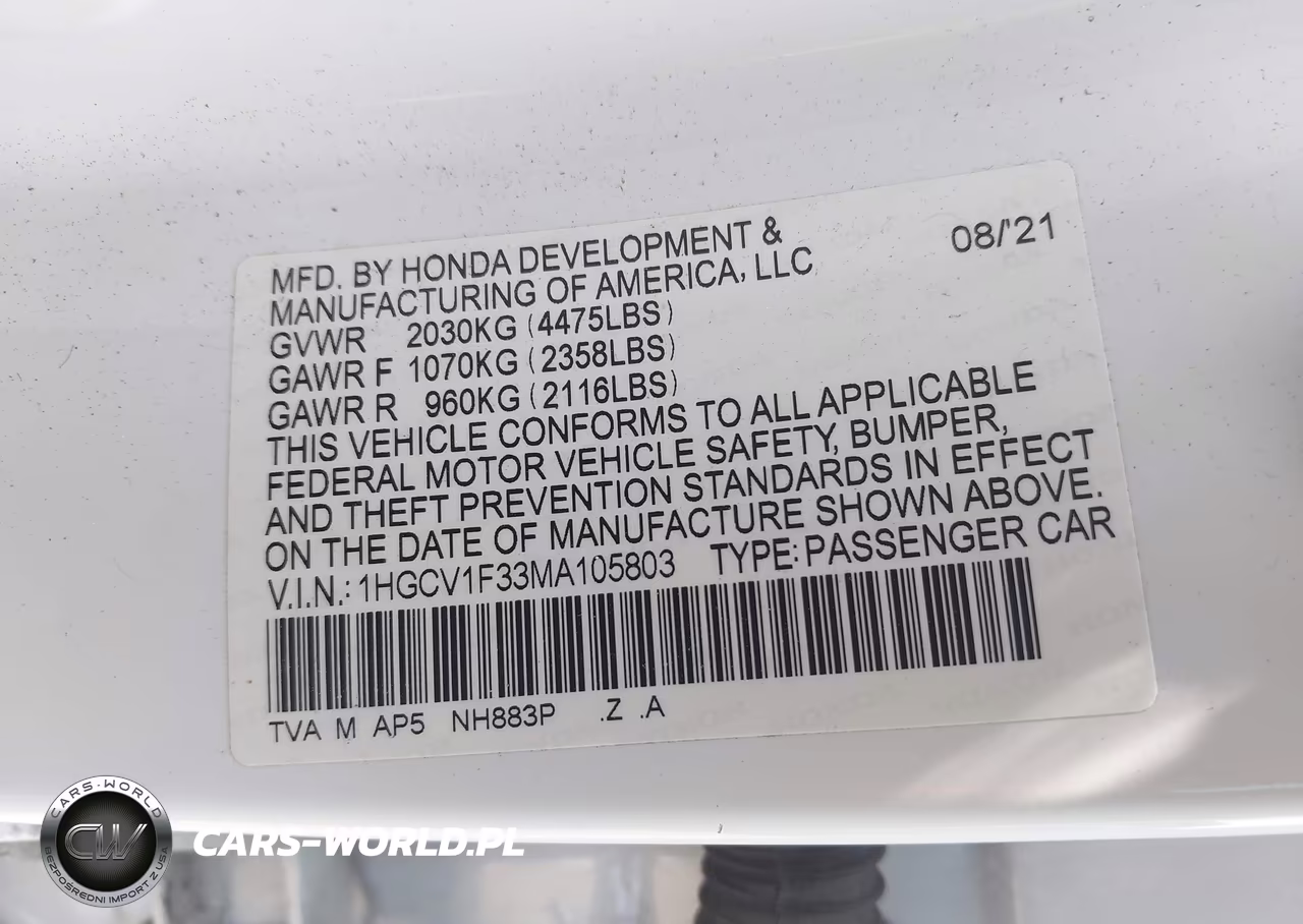 2021 Honda Accord Sport VIN:1HGCV1F33MA105803 - 9
