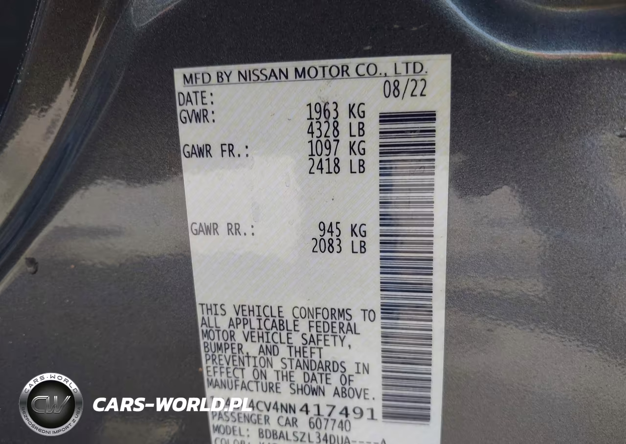 2022 Nissan Altima Sr Fwd VIN:1N4BL4CV4NN417491 - 9