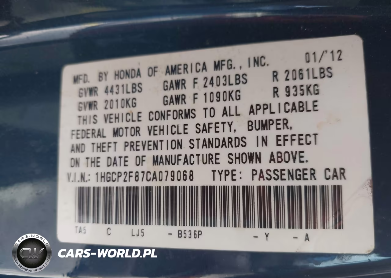2012 Honda Accord 2.4 Ex-L VIN:1HGCP2F87CA079068 - 9