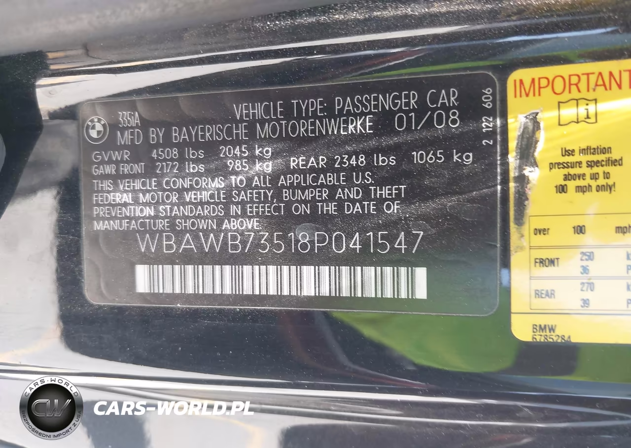 2008 BMW 335I VIN:WBAWB73518P041547 - 9