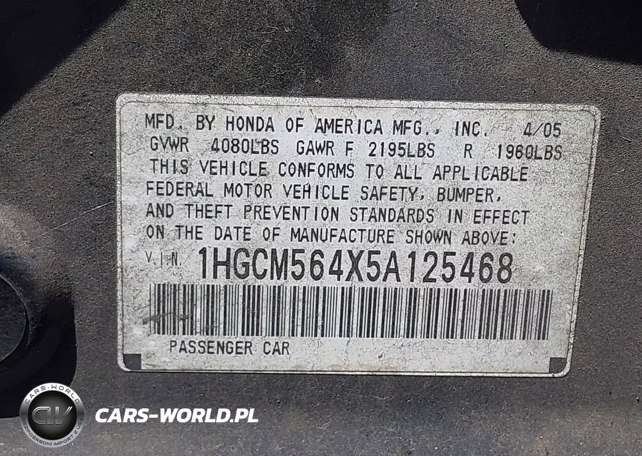 2005 Honda Accord 2.4 Lx VIN:1HGCM564X5A125468 - 9