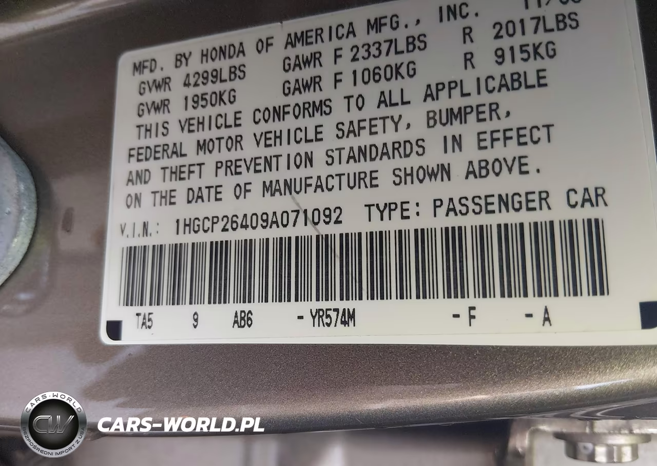 2009 Honda Accord 2.4 Lx-P VIN:1HGCP26409A071092 - 9