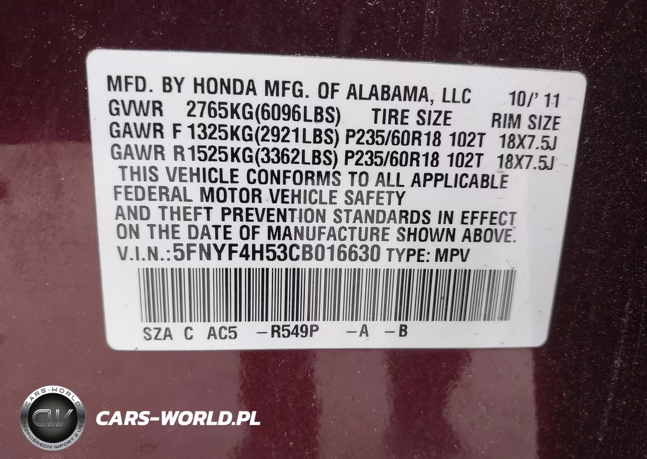 2012 Honda Pilot Ex-L VIN:5FNYF4H53CB016630 - 9