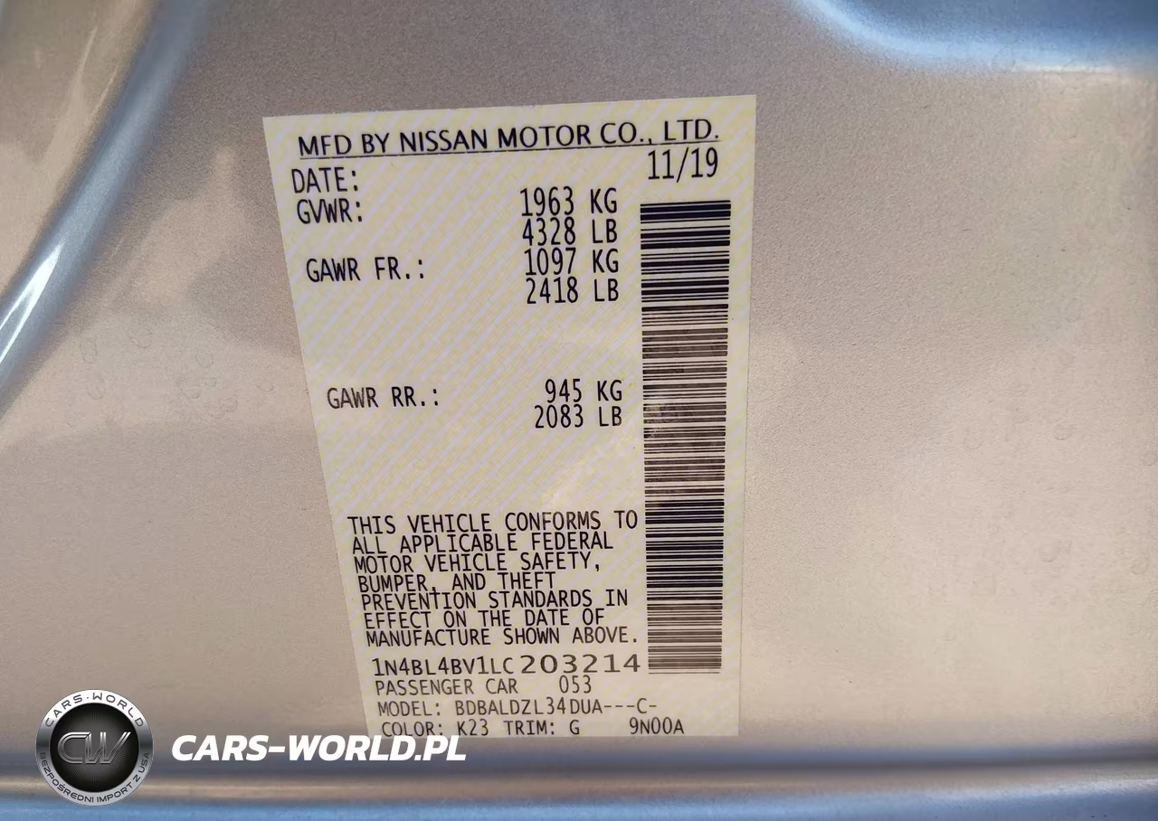 2020 Nissan Altima S Fwd VIN:1N4BL4BV1LC203214 - 9