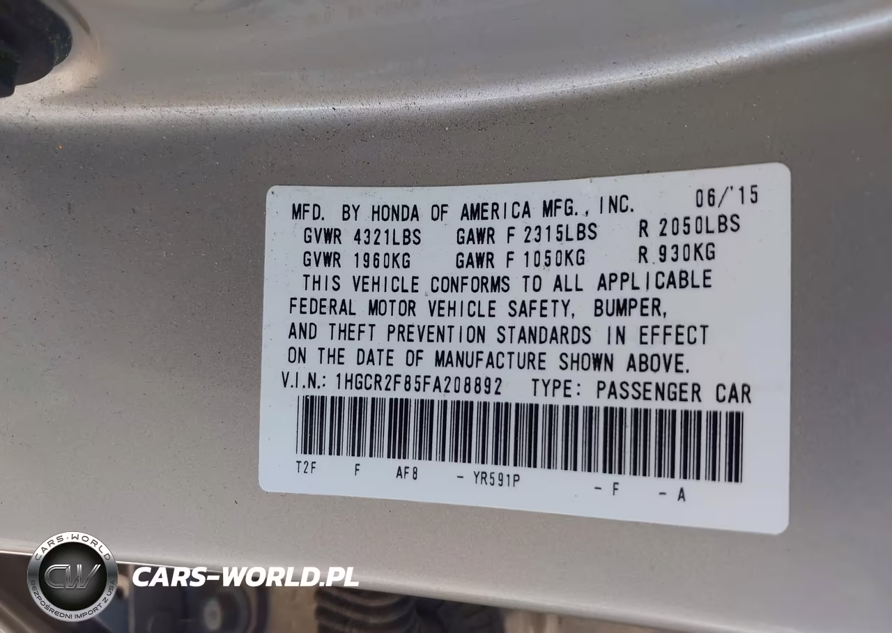 2015 Honda Accord Ex-L VIN:1HGCR2F85FA208892 - 9
