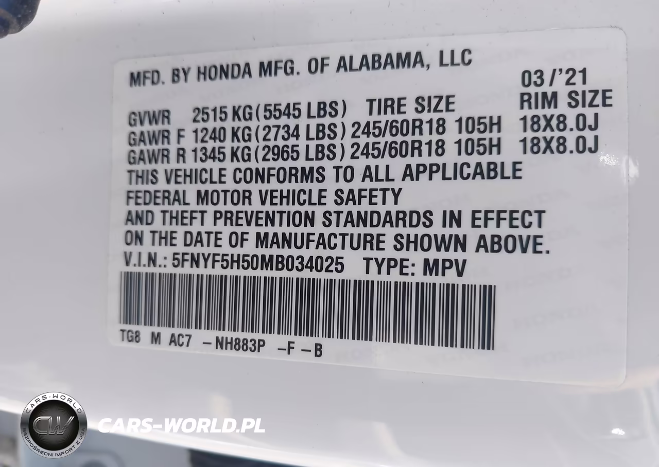 2021 Honda Pilot 2Wd Ex-L VIN:5FNYF5H50MB034025 - 9