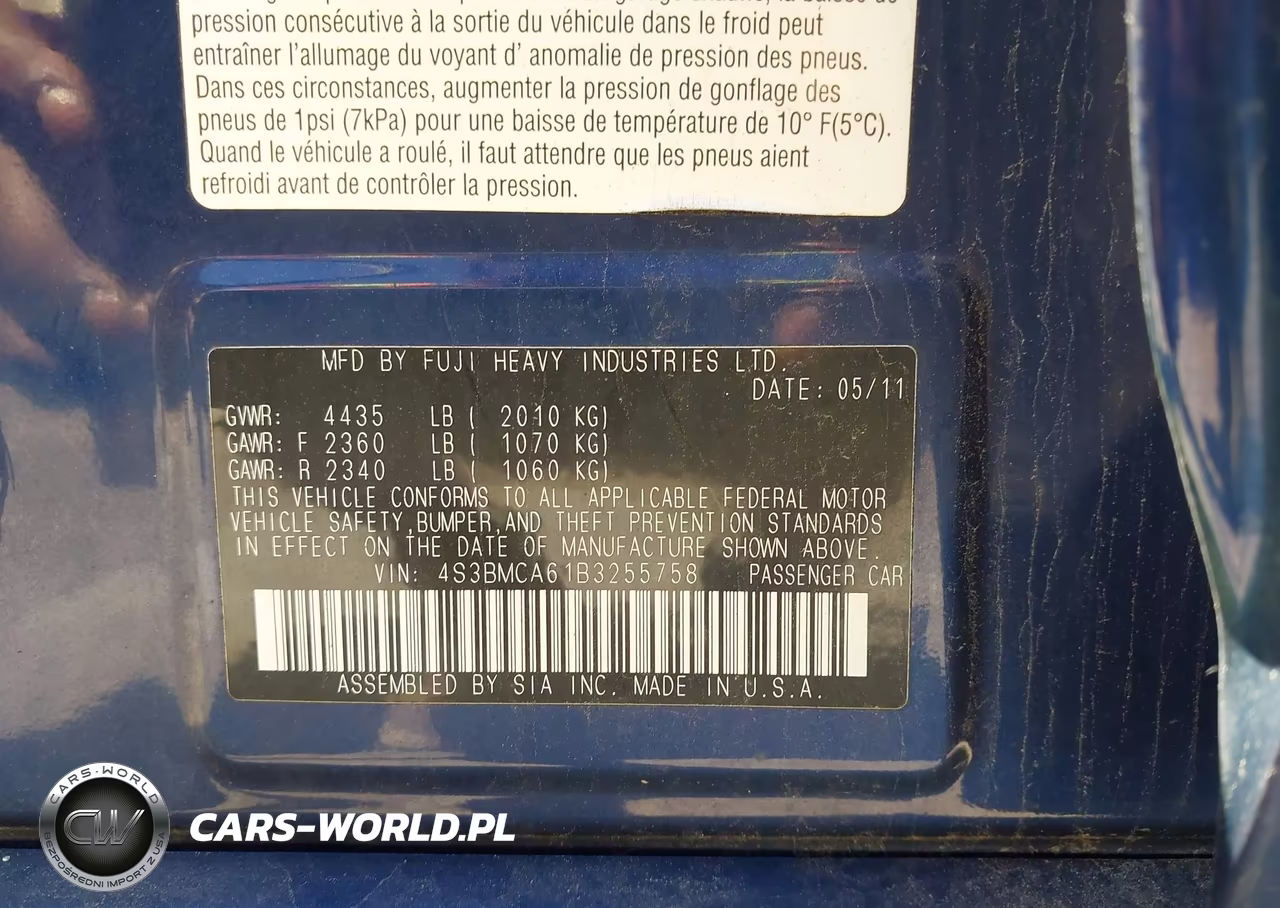 2011 Subaru Legacy 2.5I VIN:4S3BMCA61B3255758 - 9