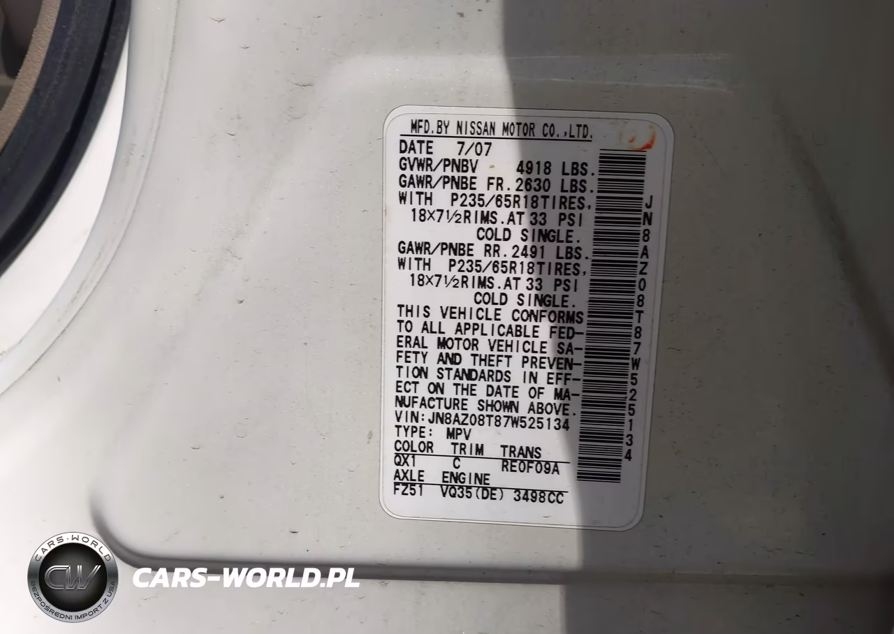 2007 Nissan Murano Sl VIN:JN8AZ08T87W525134 - 9