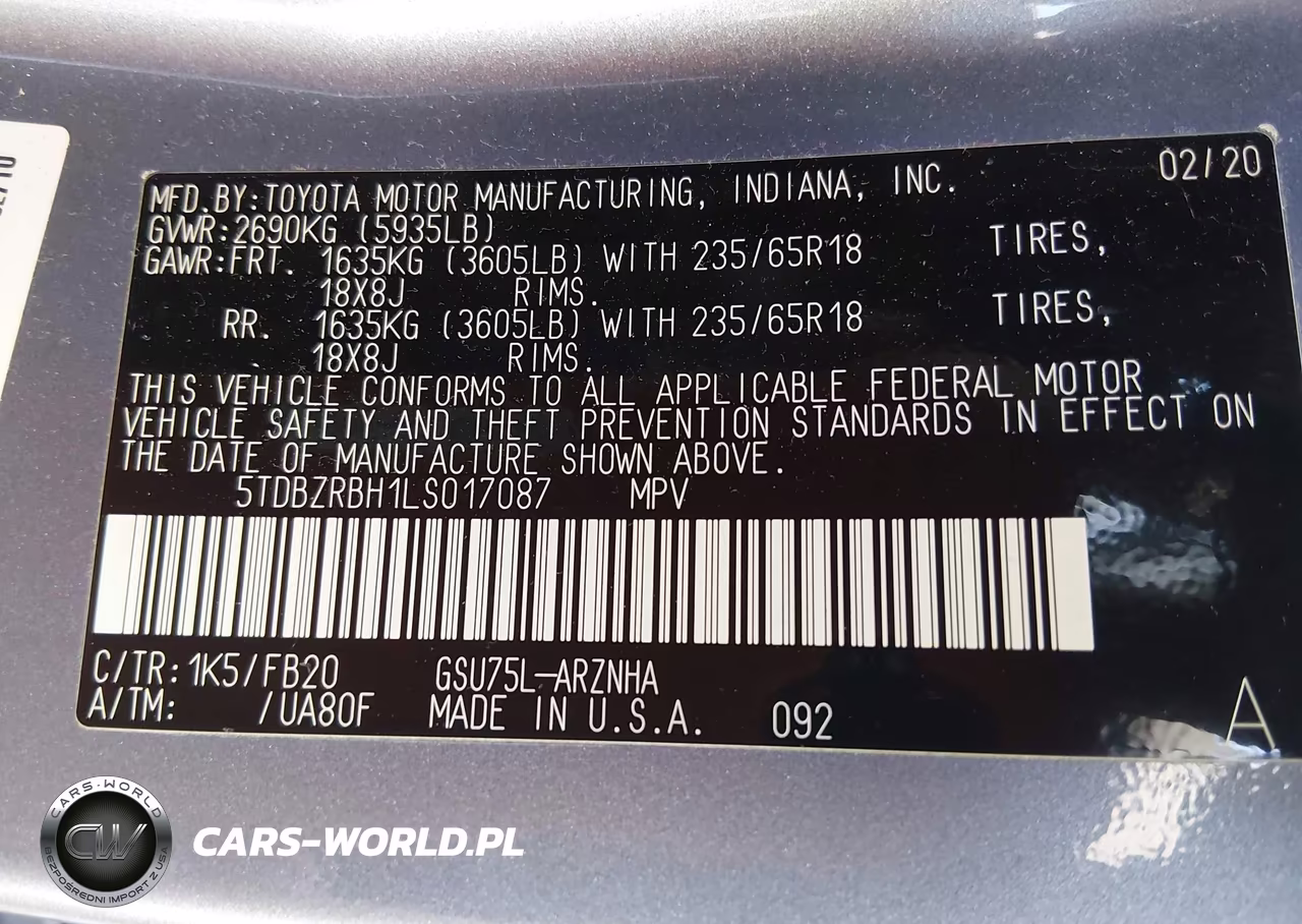 2020 Toyota Highlander Le VIN:5TDBZRBH1LS017087 - 9