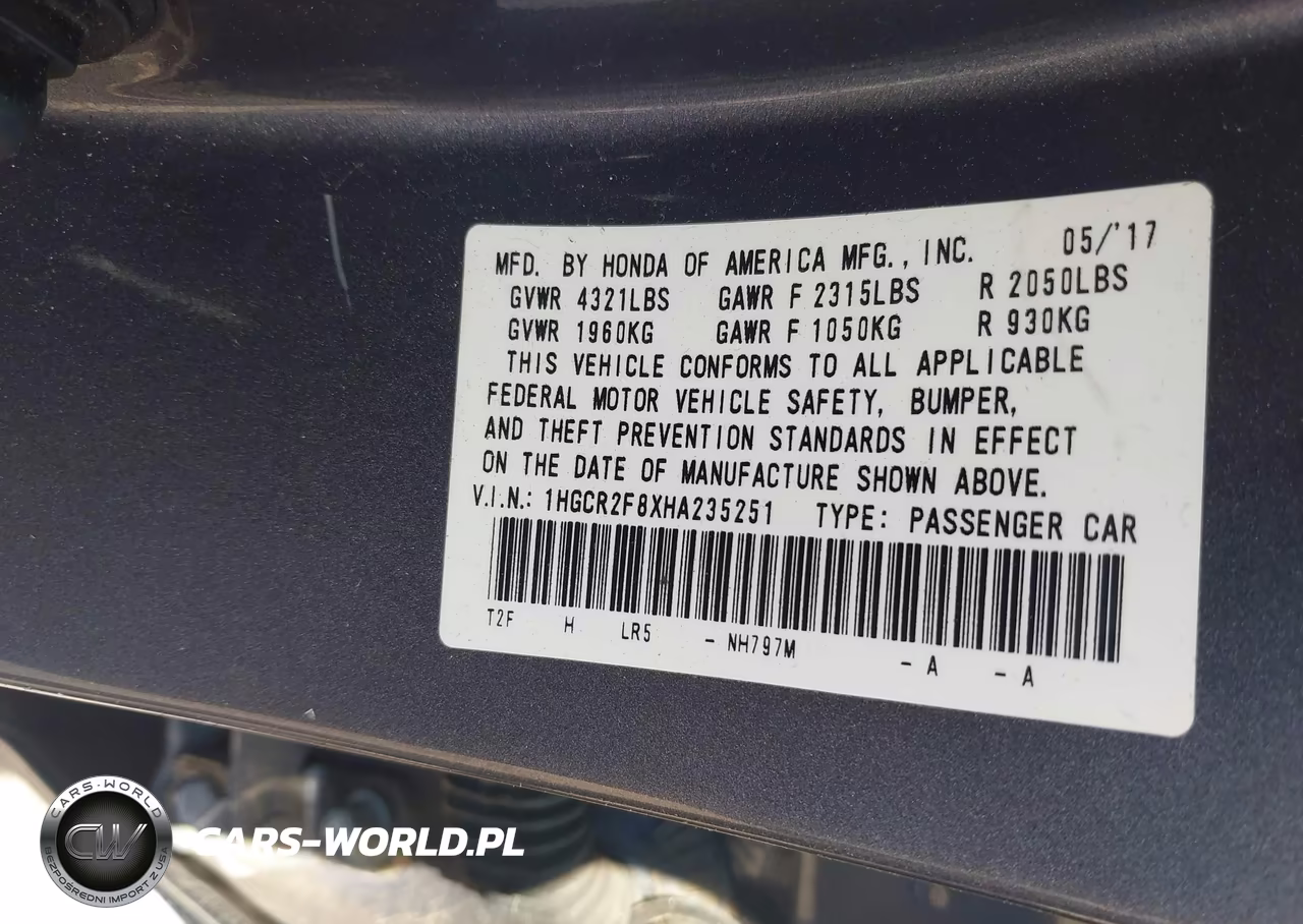 2017 Honda Accord Ex-L VIN:1HGCR2F8XHA235251 - 9