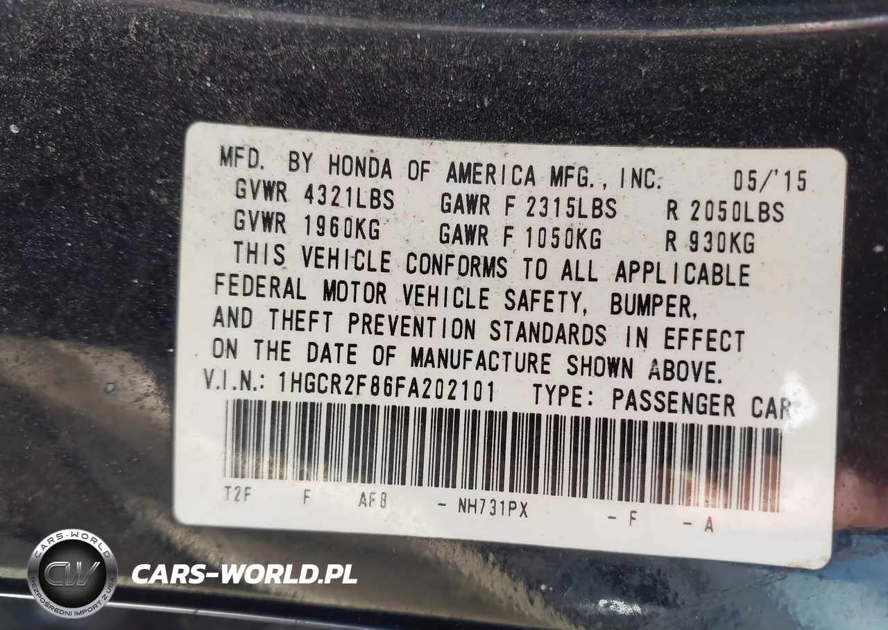 2015 Honda Accord Ex-L VIN:1HGCR2F86FA202101 - 9