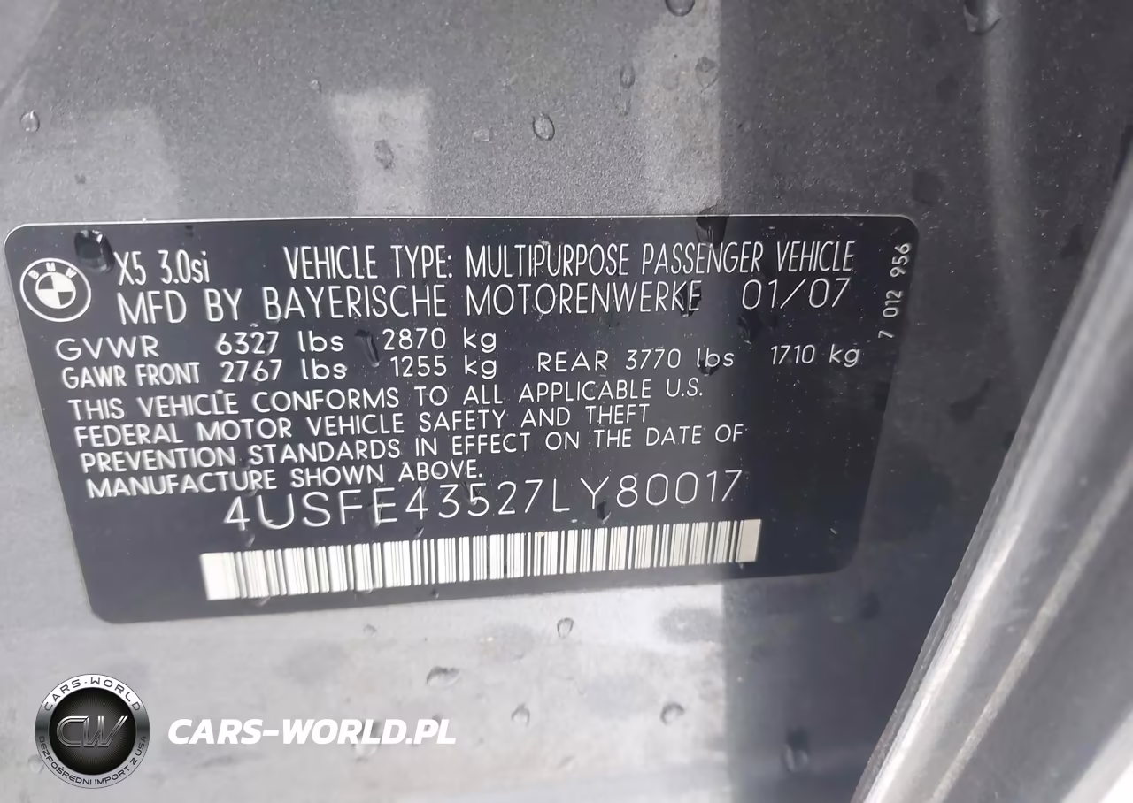 2007 BMW X5 3.0Si VIN:4USFE43527LY80017 - 9