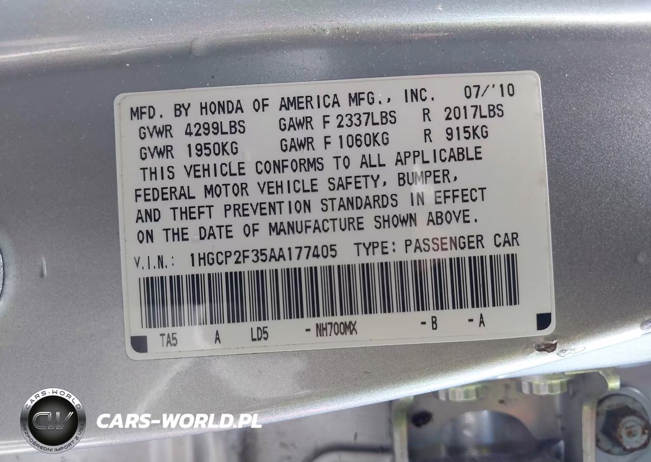 2010 Honda Accord 2.4 Lx VIN:1HGCP2F35AA177405 - 9
