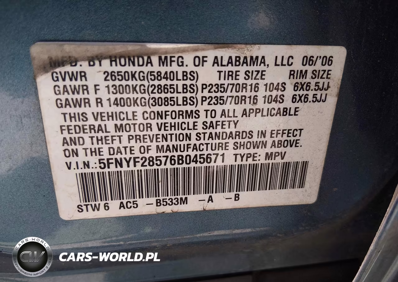 2006 Honda Pilot Ex-L VIN:5FNYF28576B045671 - 9