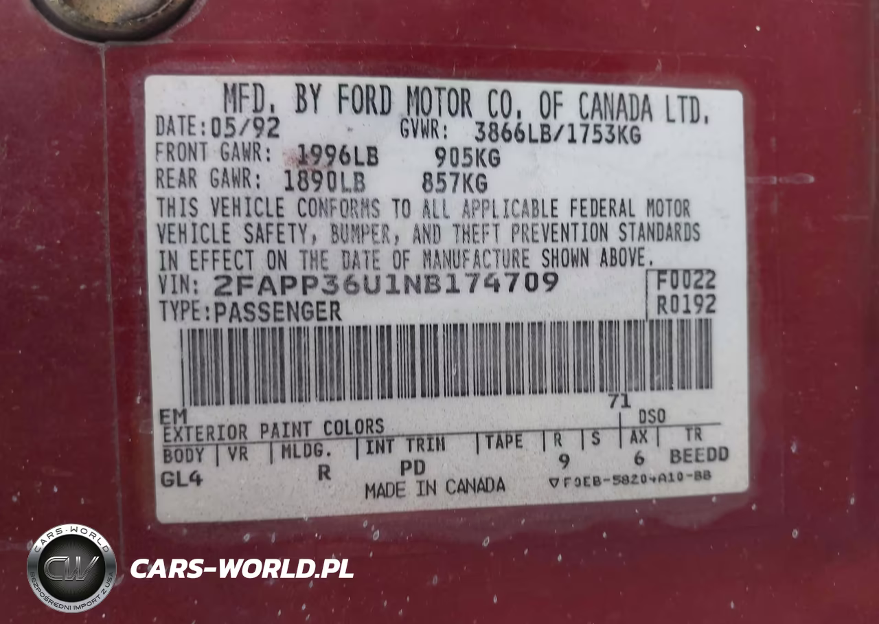 1992 Ford Tempo VIN:2FAPP36U1NB174709 - 9
