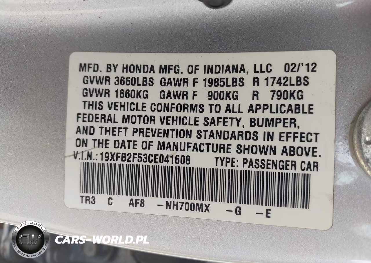 2012 Honda Civic Lx VIN:19XFB2F53CE041608 - 9