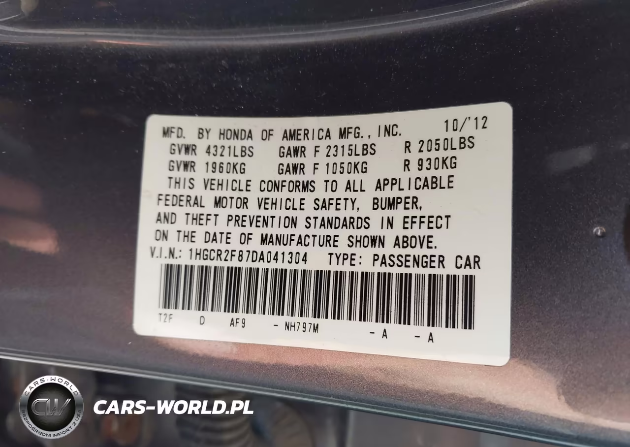 2013 Honda Accord Ex-L VIN:1HGCR2F87DA041304 - 9