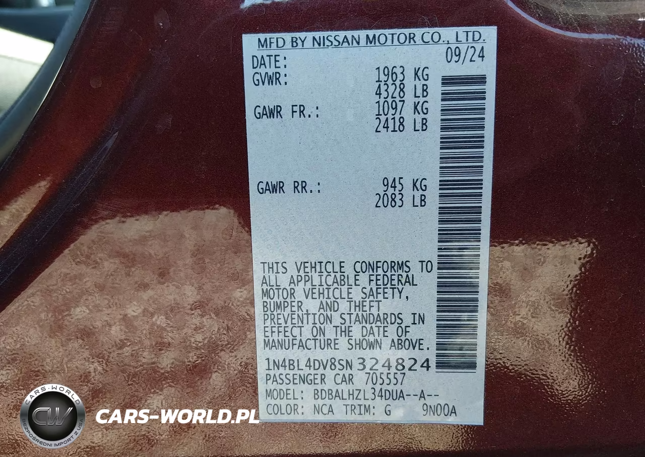 2025 Nissan Altima Sv Fwd VIN:1N4BL4DV8SN324824 - 9