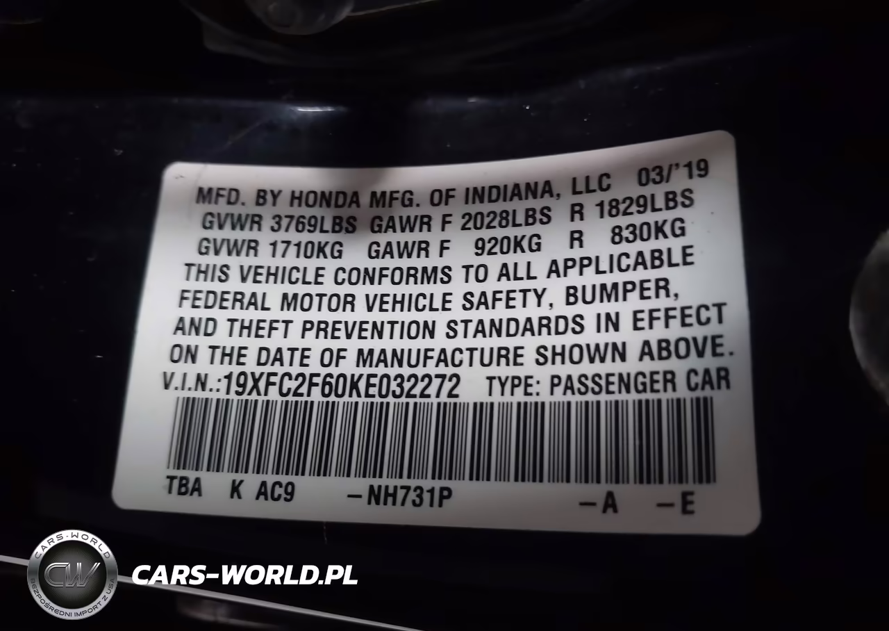 2019 Honda Civic Lx VIN:19XFC2F60KE032272 - 9