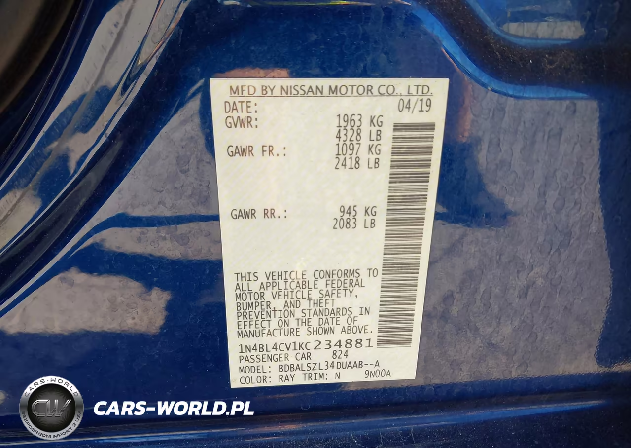 2019 Nissan Altima 2.5 Sr VIN:1N4BL4CV1KC234881 - 9