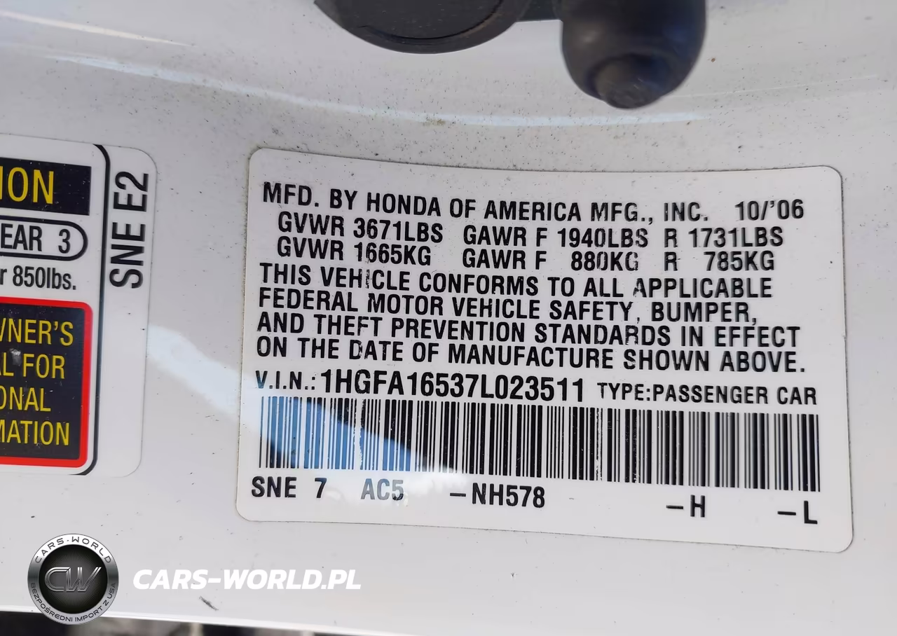 2007 Honda Civic Lx VIN:1HGFA16537L023511 - 9