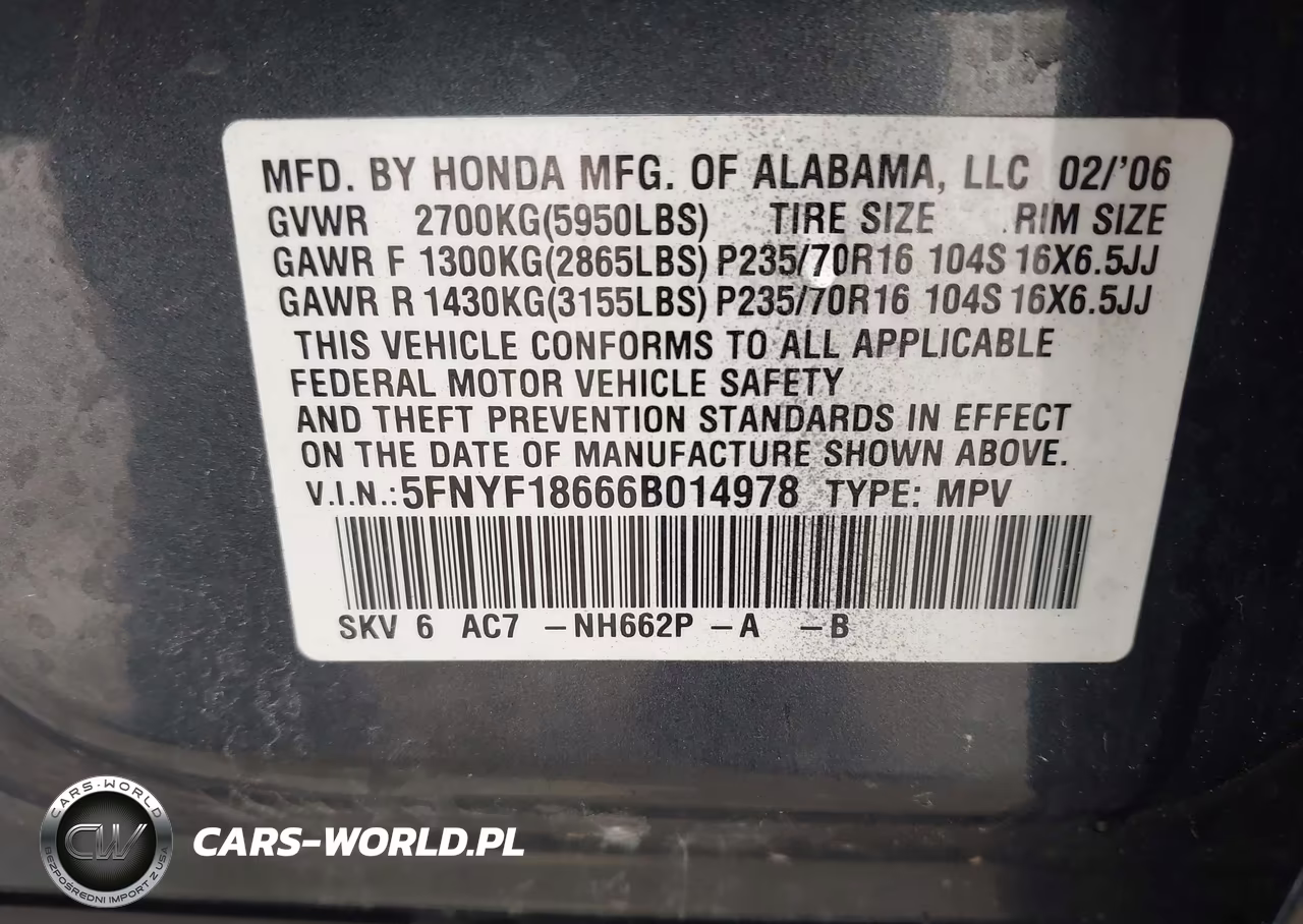 2006 Honda Pilot Ex-L VIN:5FNYF18666B014978 - 9