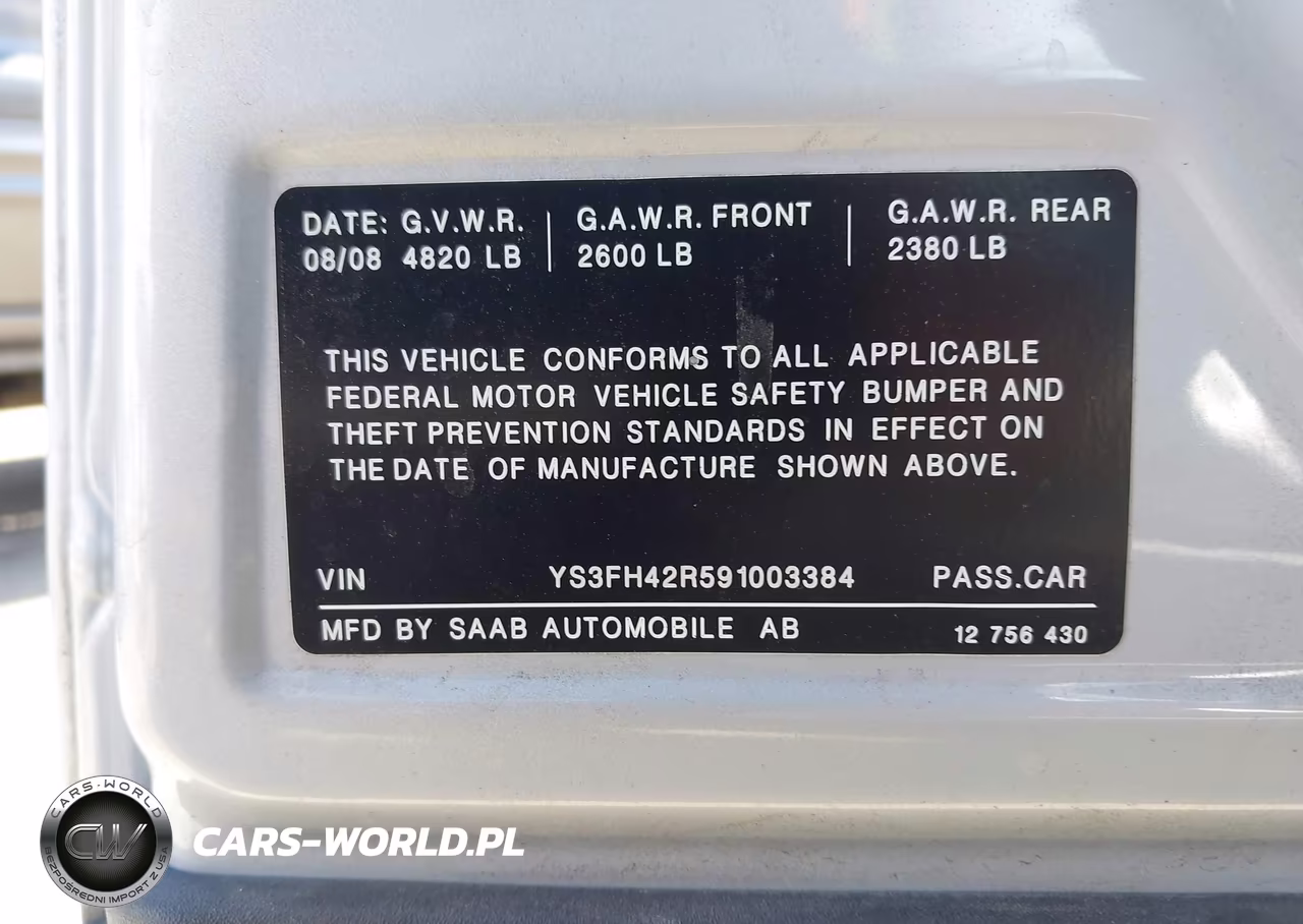 2009 Saab 9-3 Aero VIN:YS3FH42R591003384 - 9