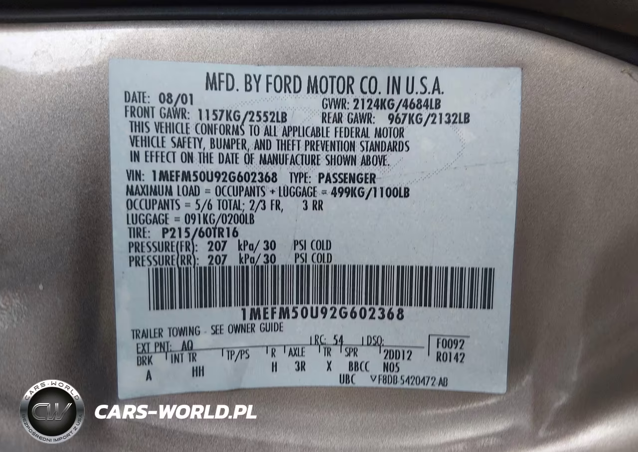 2002 Mercury Sable Gs VIN:1MEFM50U92G602368 - 9
