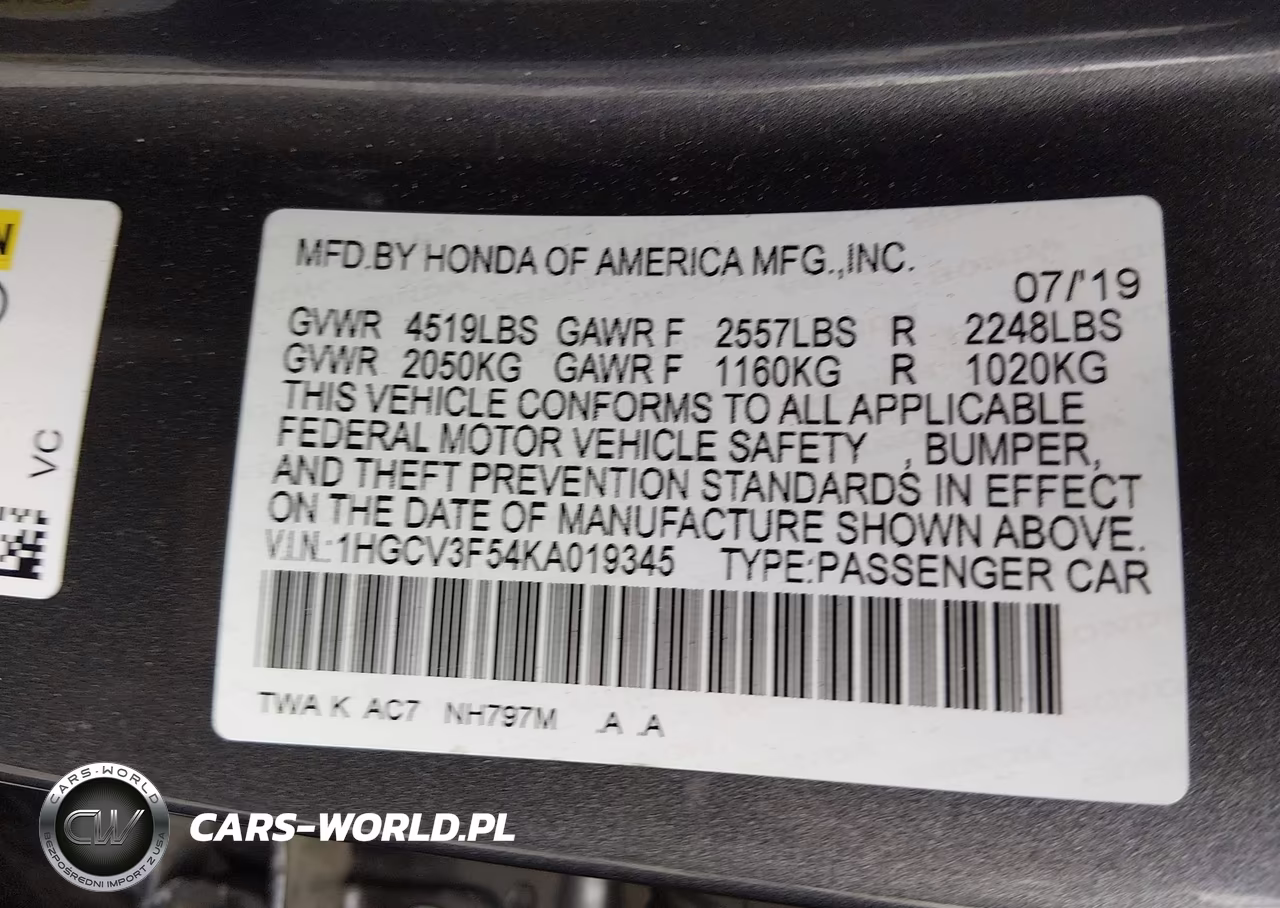 2019 Honda Accord Hybrid Ex-L VIN:1HGCV3F54KA019345 - 9