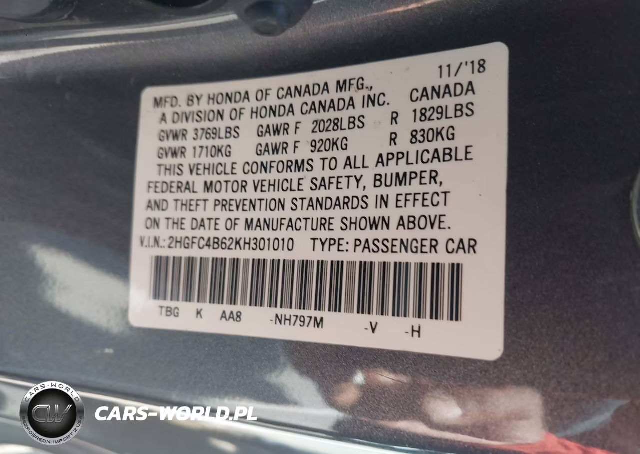 2019 Honda Civic Lx VIN:2HGFC4B62KH301010 - 9