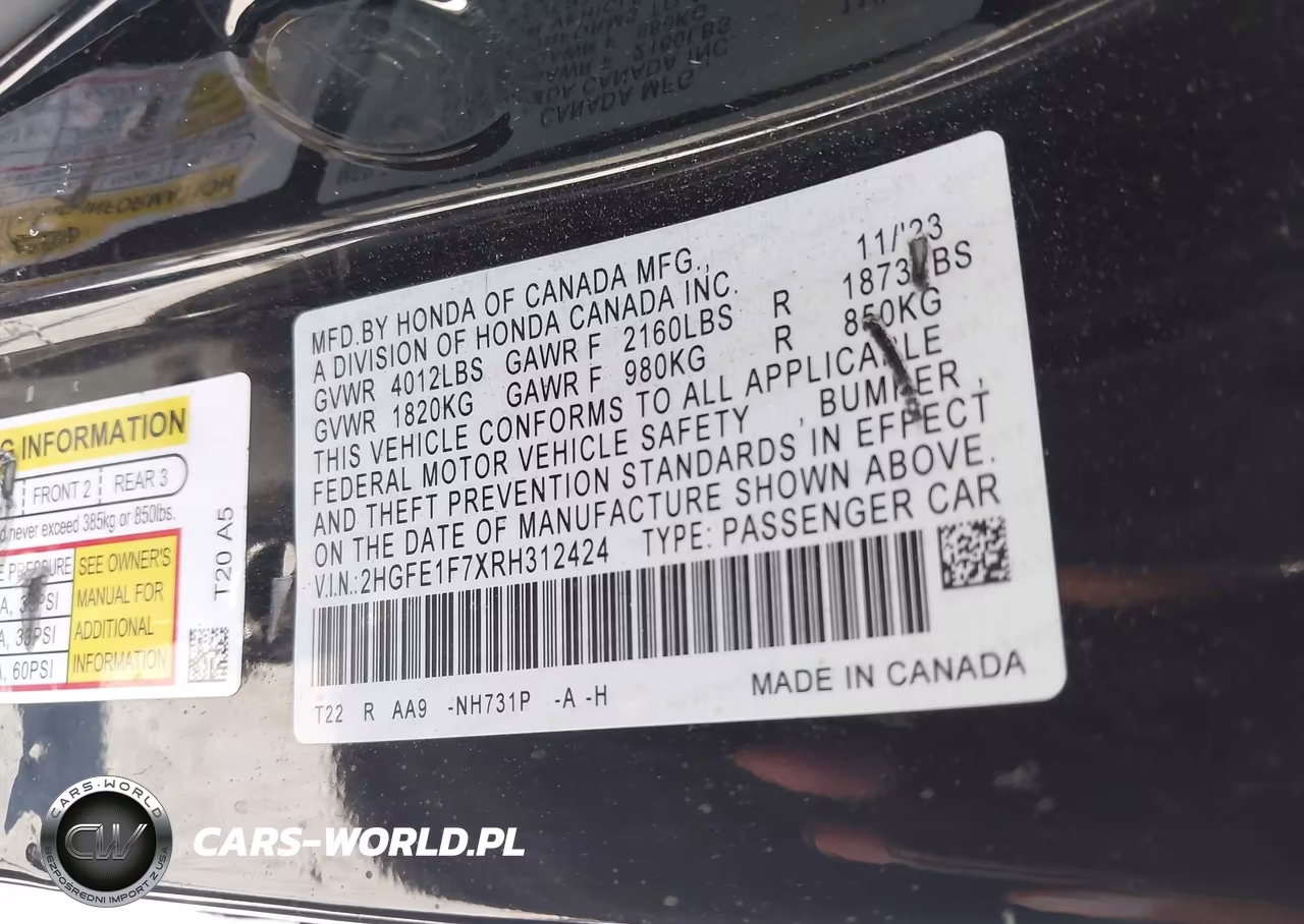 2024 Honda Civic Ex VIN:2HGFE1F7XRH312424 - 9