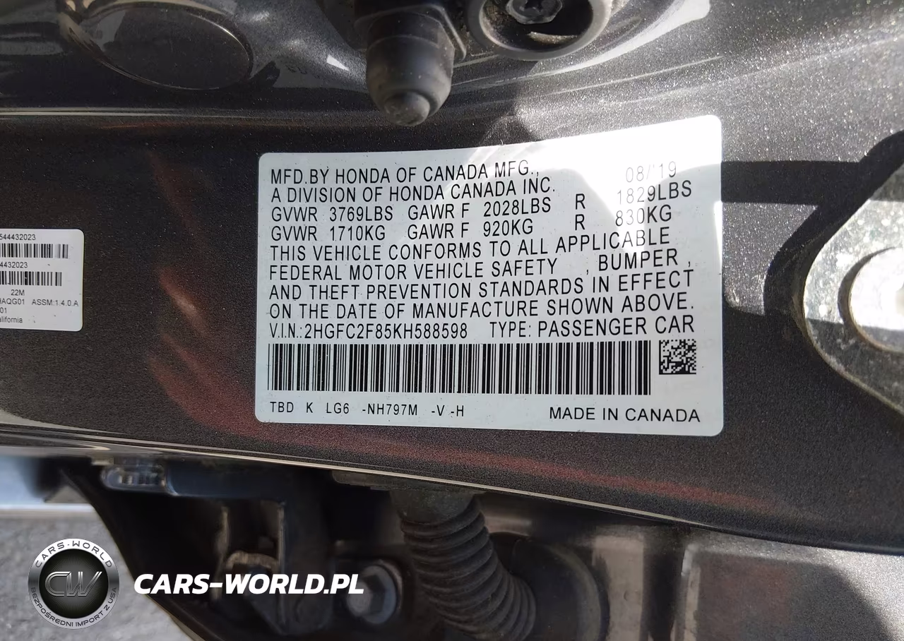 2019 Honda Civic Sport VIN:2HGFC2F85KH588598 - 9