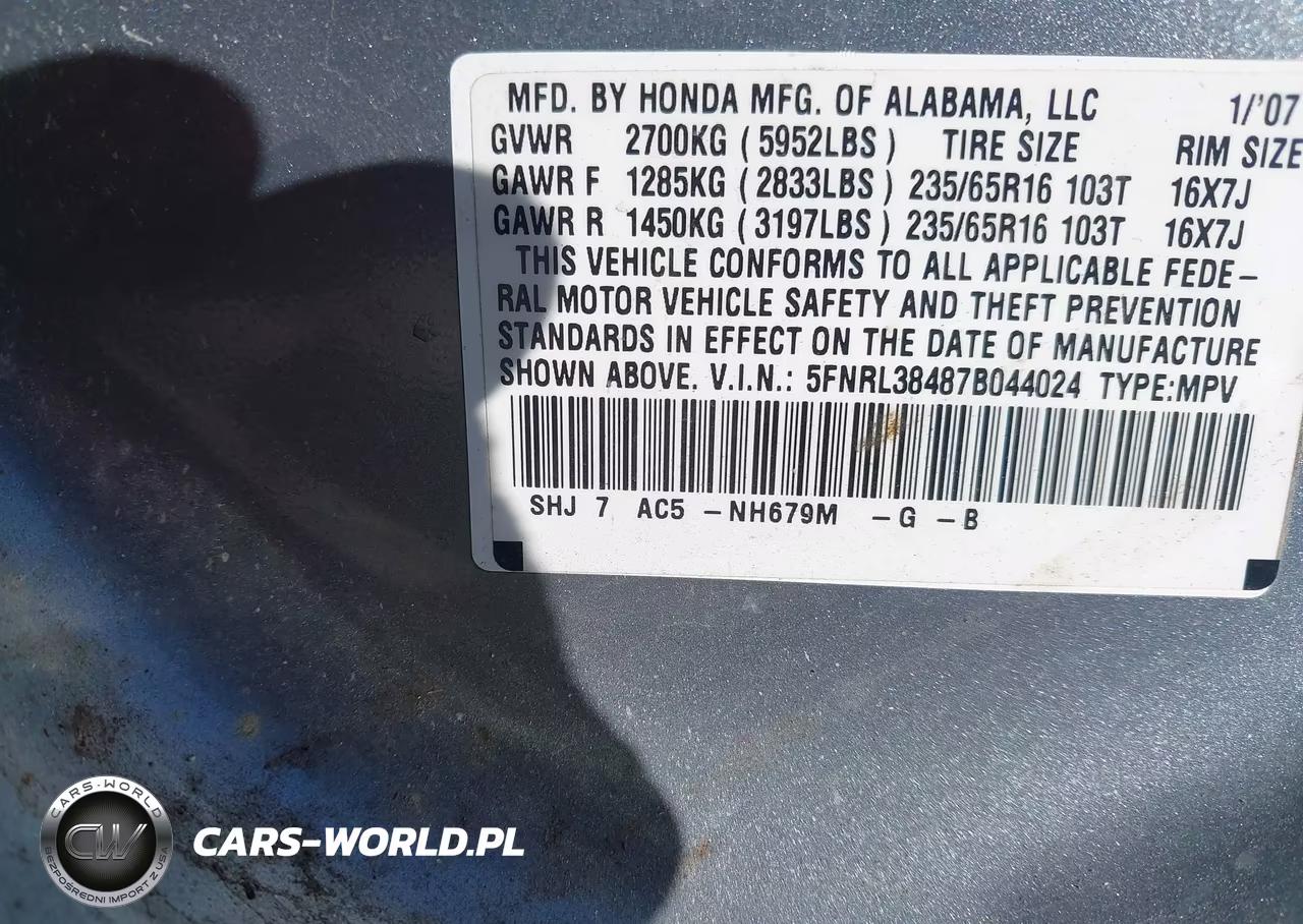 2007 Honda Odyssey Ex VIN:5FNRL38487B044024 - 9