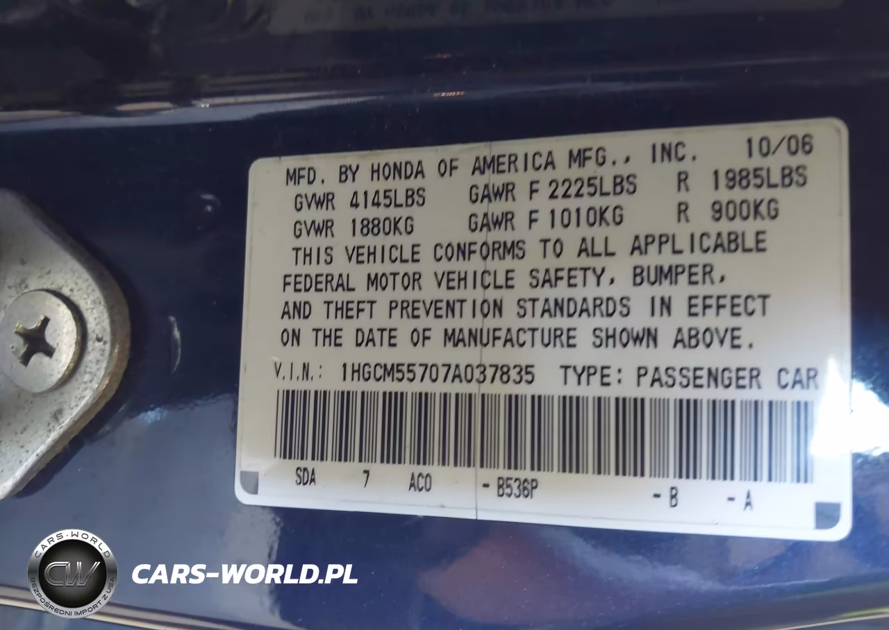 2007 Honda Accord 2.4 Ex VIN:1HGCM55707A037835 - 9
