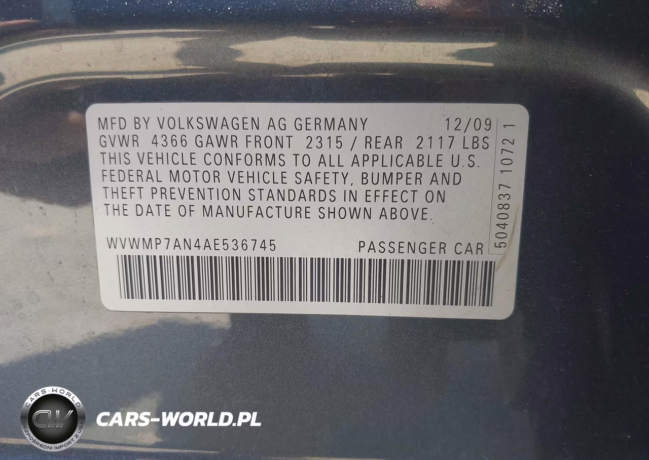 2010 Volkswagen Cc Sport VIN:WVWMP7AN4AE536745 - 9