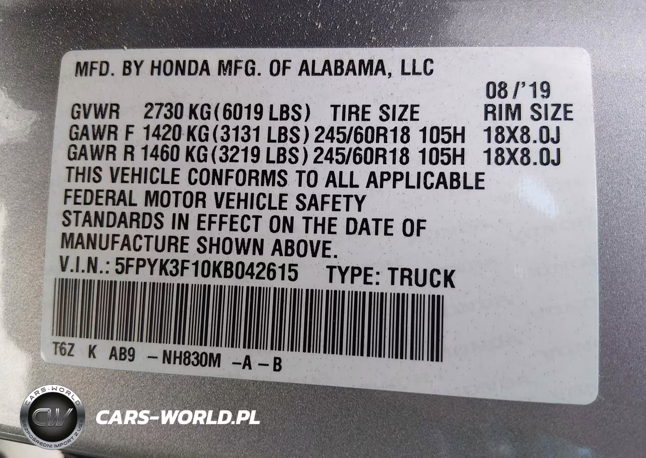 2019 Honda Ridgeline Sport VIN:5FPYK3F10KB042615 - 9
