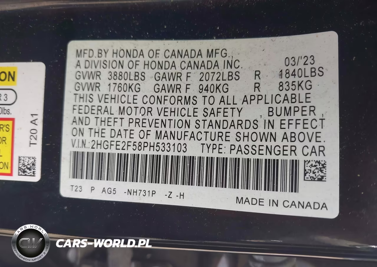 2023 Honda Civic Sport VIN:2HGFE2F58PH533103 - 9