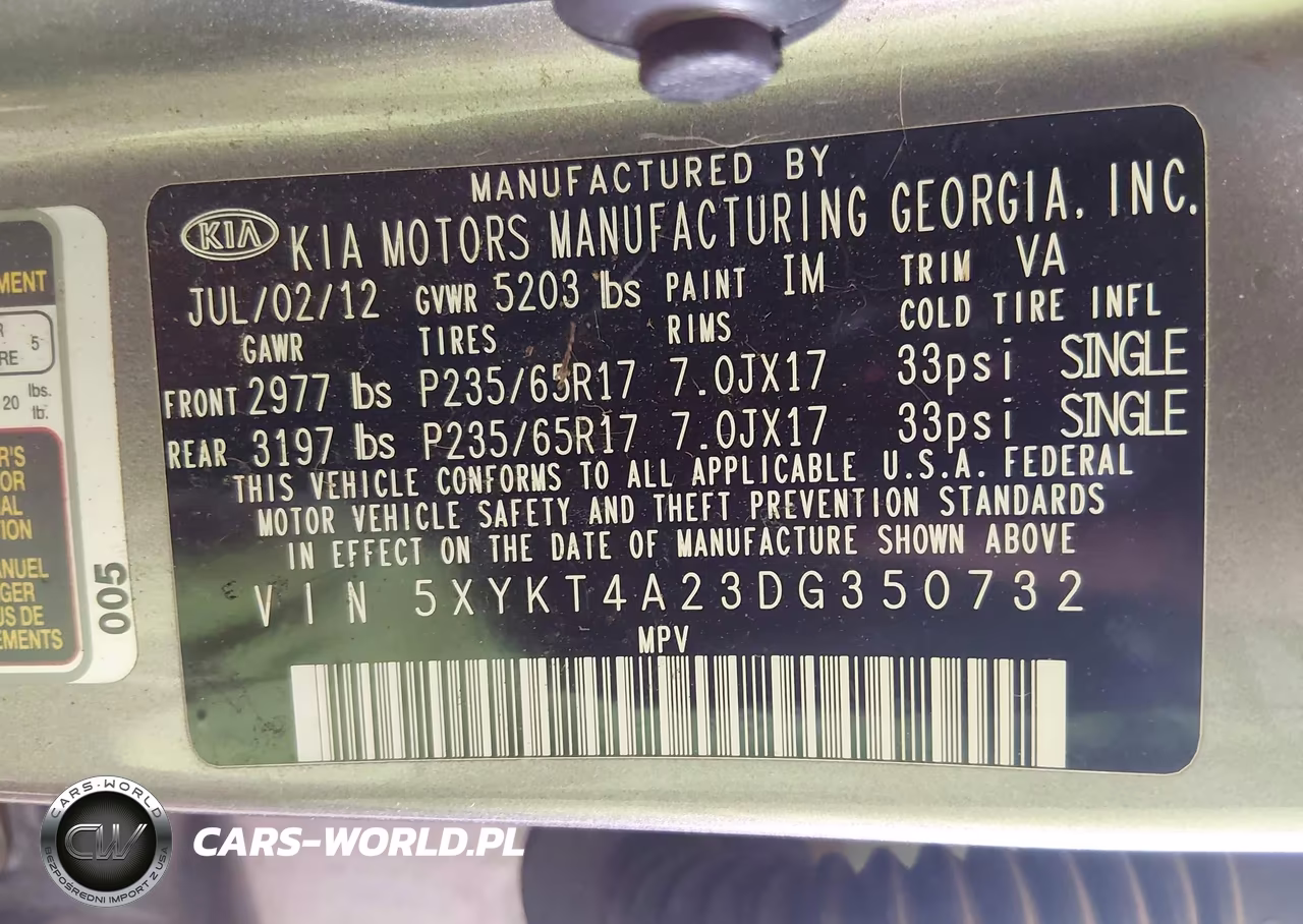 2013 Kia Sorento Lx V6 VIN:5XYKT4A23DG350732 - 9