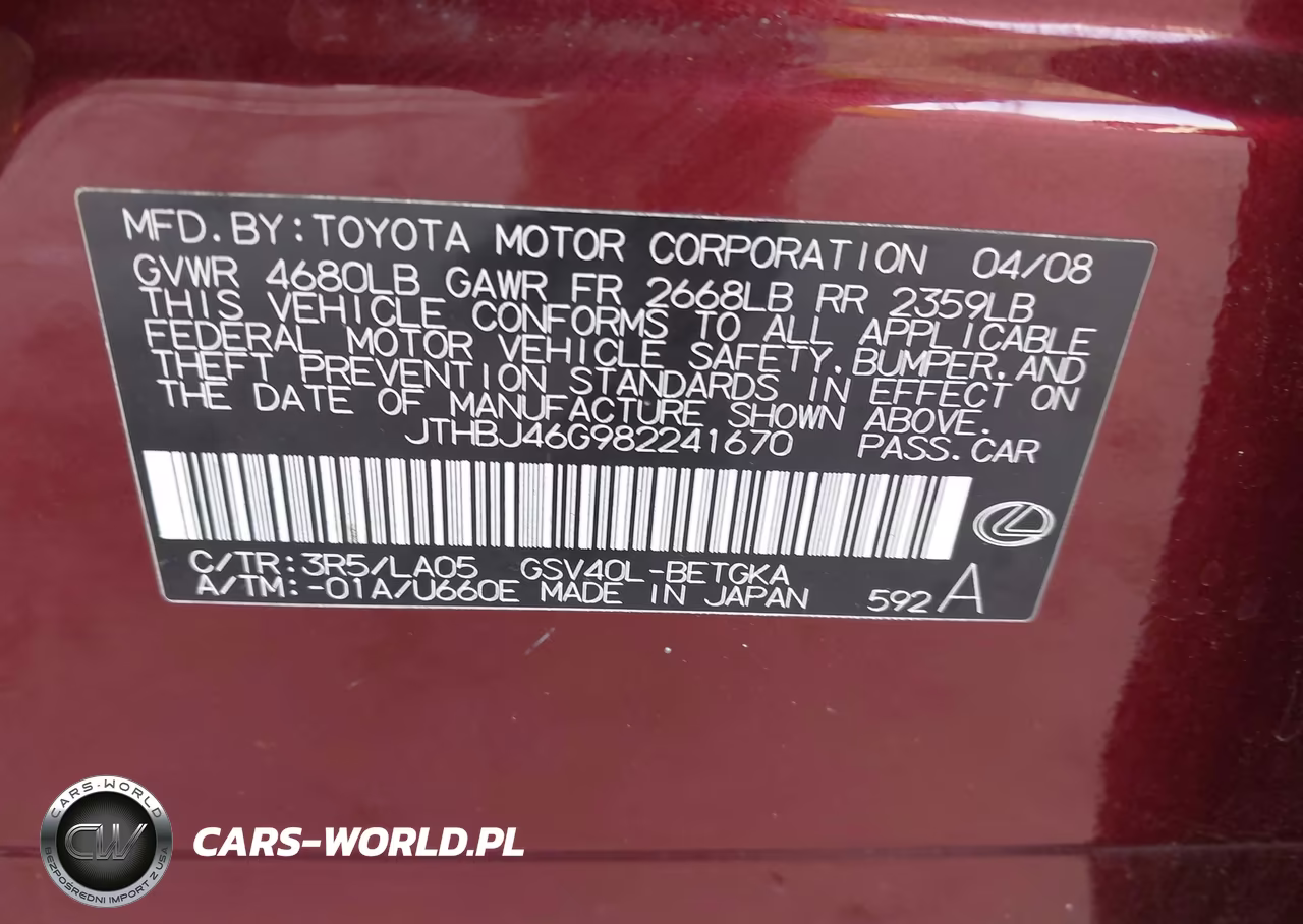 2008 Lexus Es 350 VIN:JTHBJ46G982241670 - 9