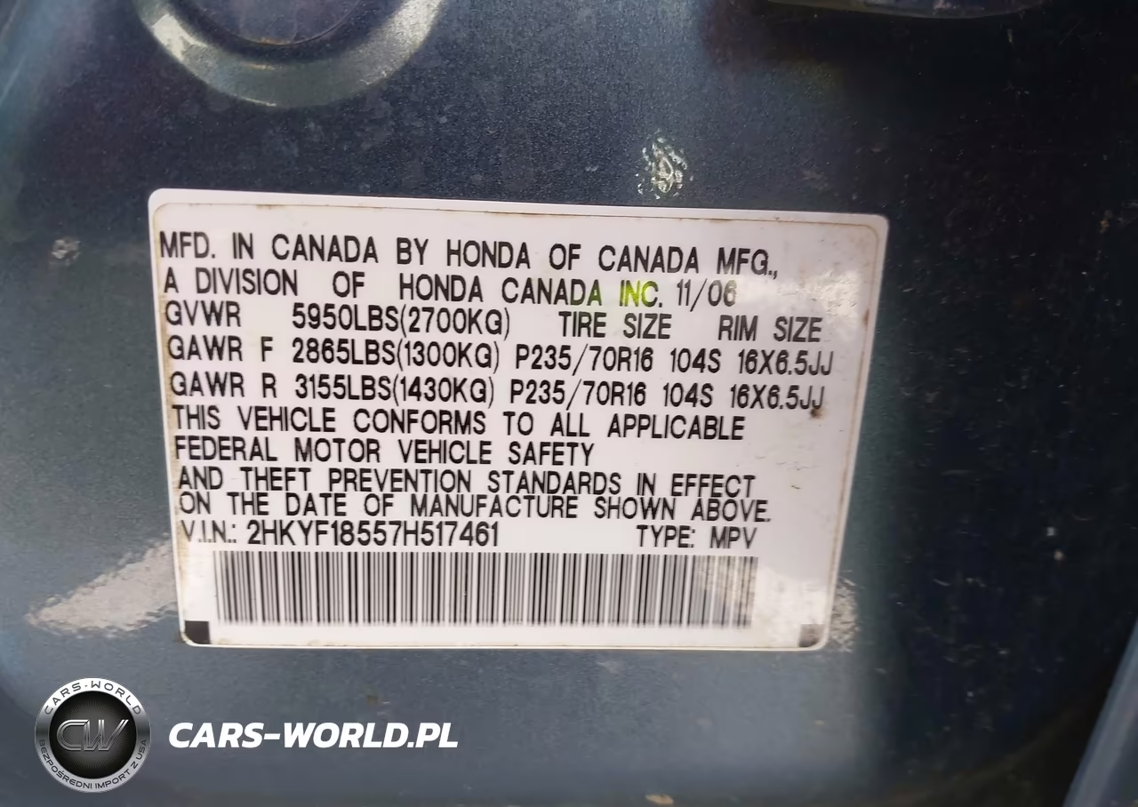 2007 Honda Pilot Ex-L VIN:2HKYF18557H517461 - 9
