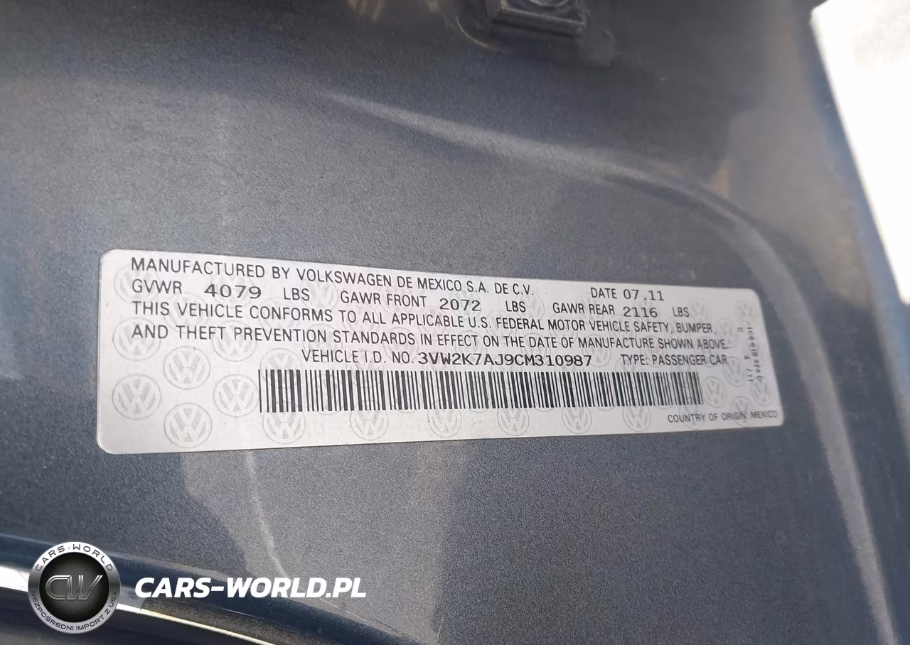 2012 Volkswagen Jetta 2.0L S VIN:3VW2K7AJ9CM310987 - 9