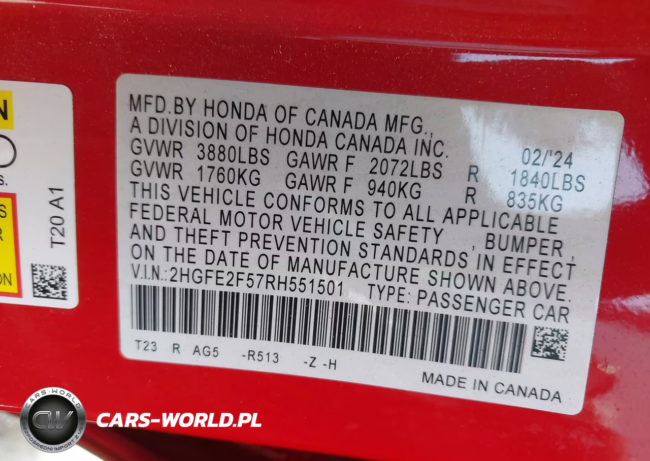 2024 Honda Civic Sport VIN:2HGFE2F57RH551501 - 9