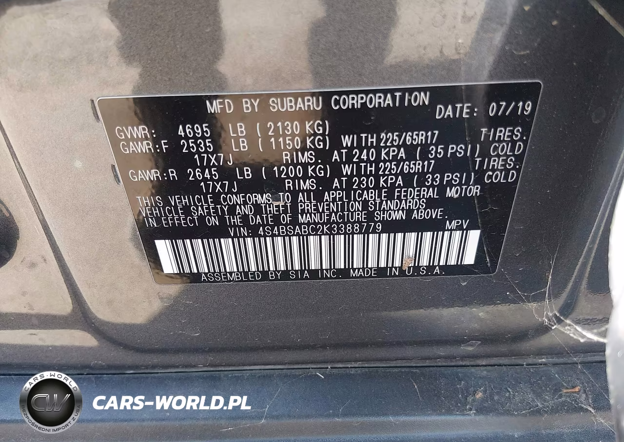 2019 Subaru Outback 2.5I VIN:4S4BSABC2K3388779 - 9
