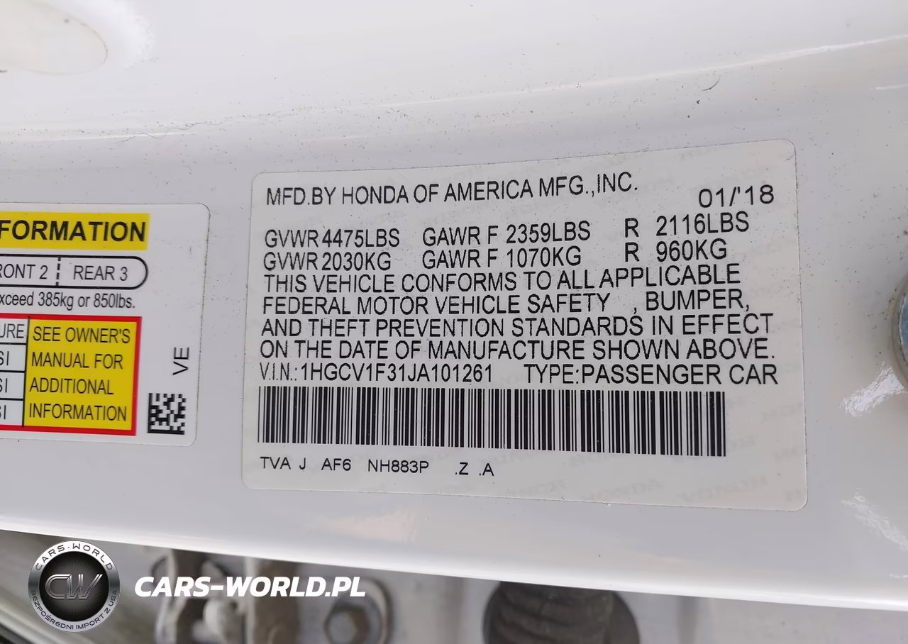 2018 Honda Accord Sport VIN:1HGCV1F31JA101261 - 9