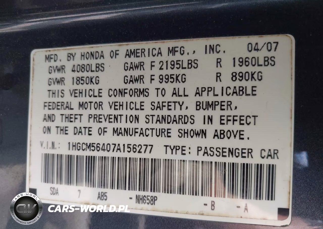 2007 Honda Accord 2.4 Lx VIN:1HGCM56407A156277 - 9